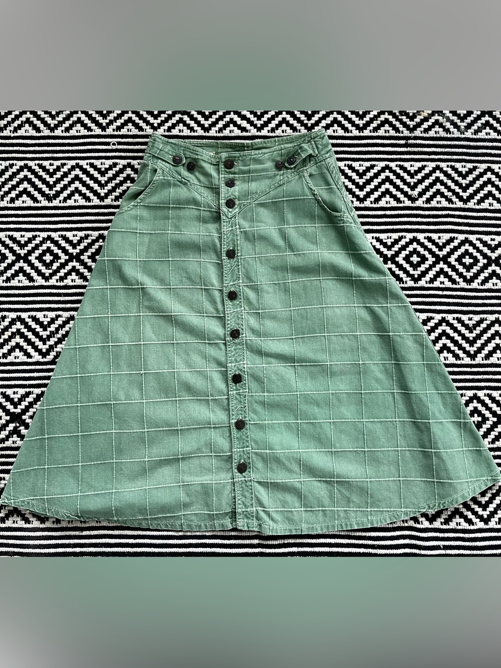Vintage 80s Mizz Lizz Sage Green Grid Midi Skirt Western Yoke 9/10